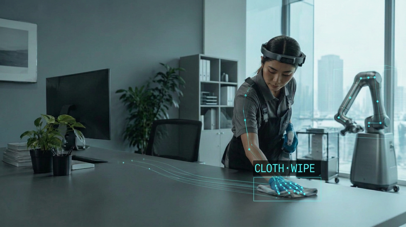 Cleaning professional with head camera wiping a desk, service robot in the background